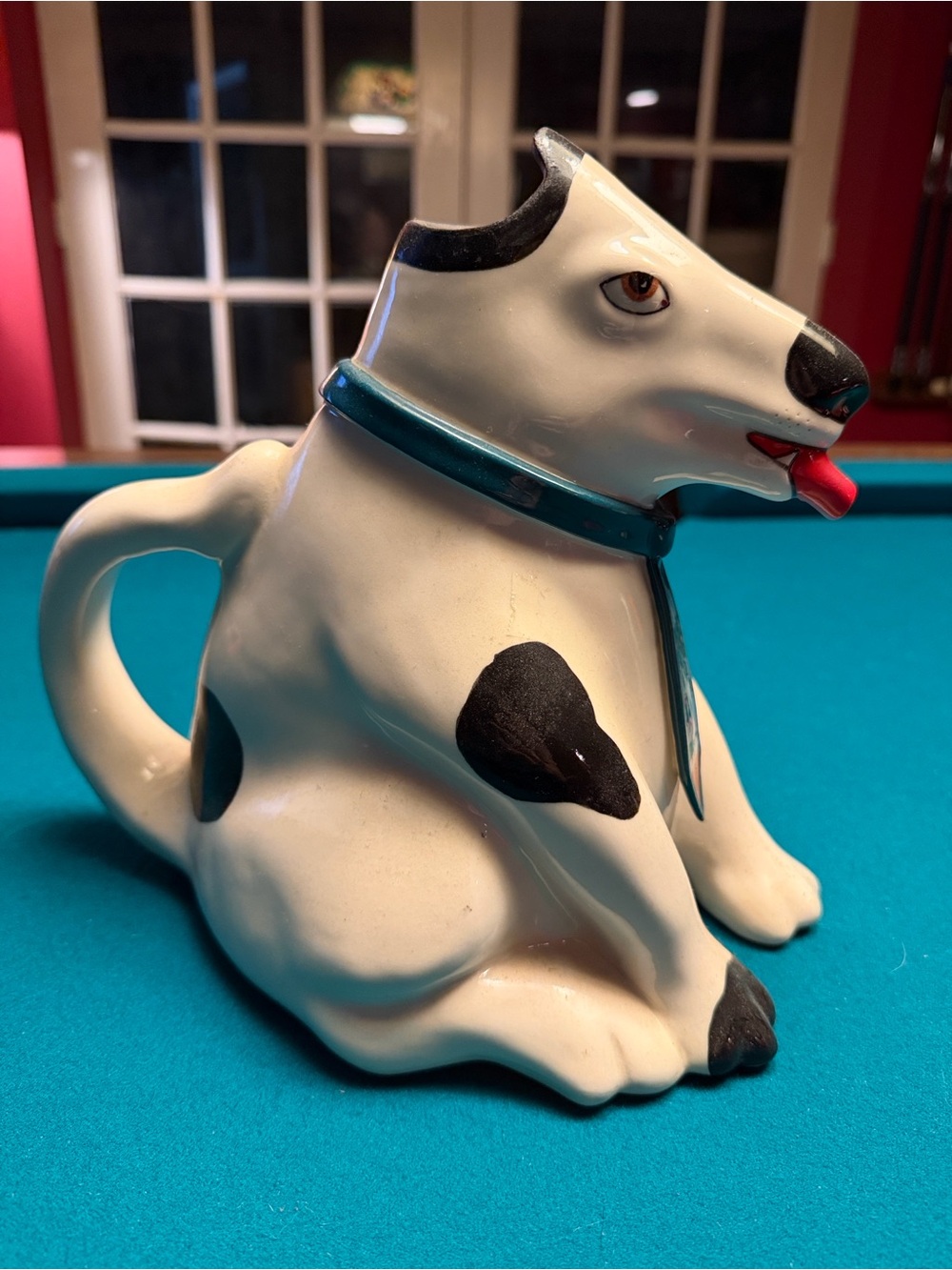 Rare Ceramic Dog Pitcher with Teal Collar - White and Black. #1137. 1/89